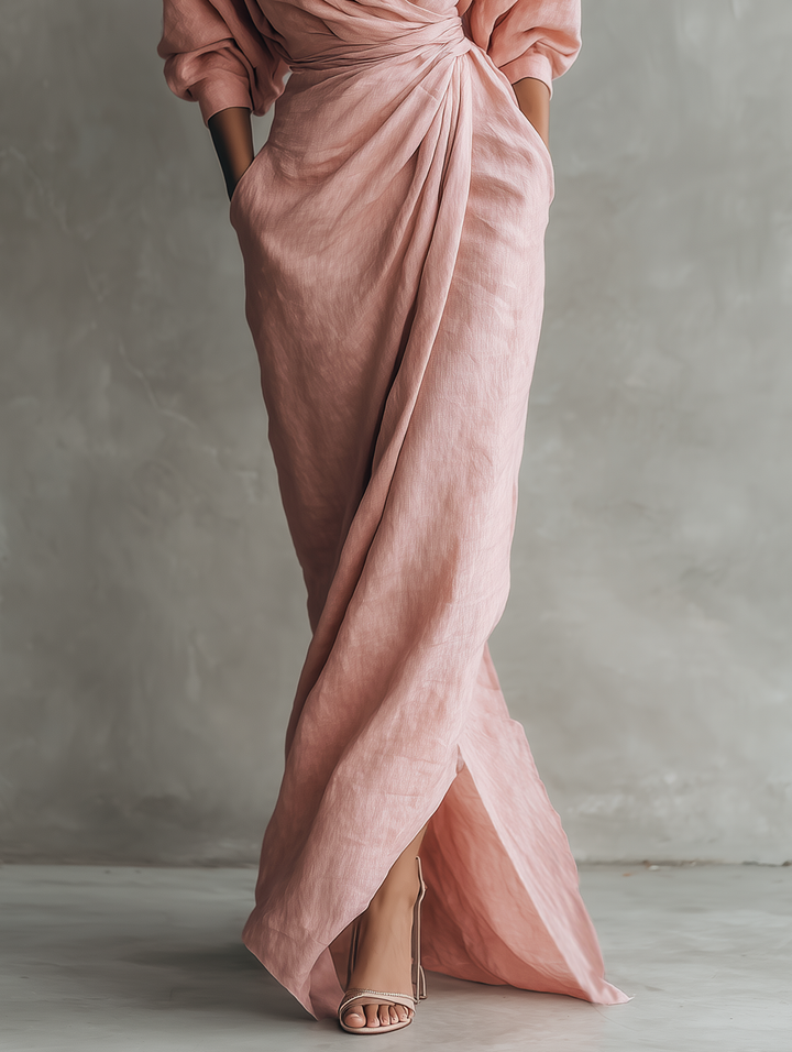 Pink Linen Maxi Dress with V-Neck