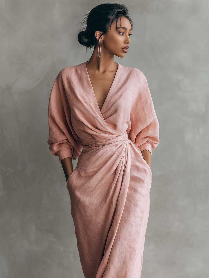 Pink Linen Maxi Dress with V-Neck