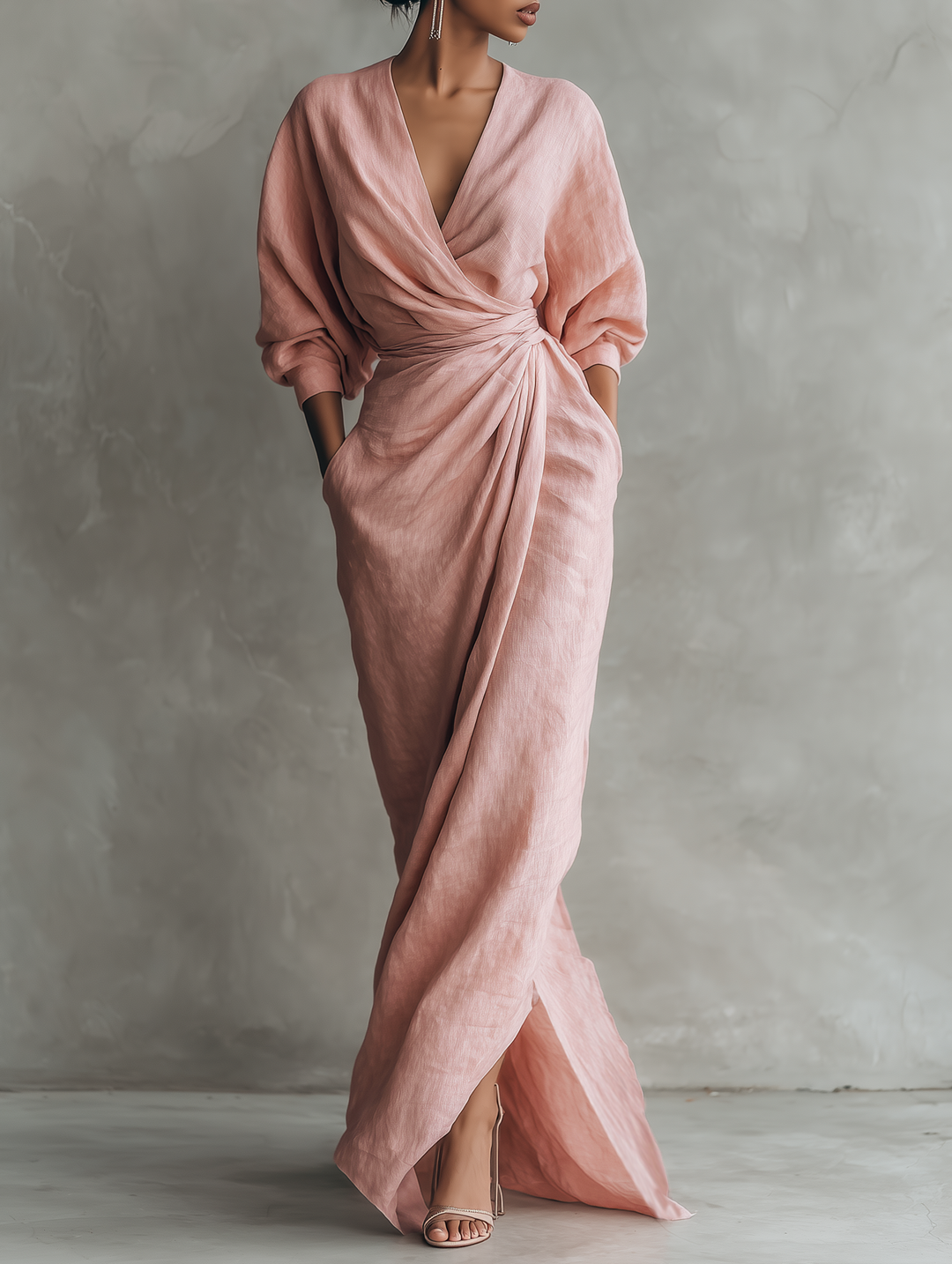Pink Linen Maxi Dress with V-Neck