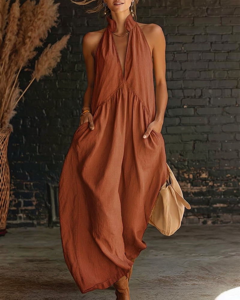 Sleeveless 100% Cotton Maxi Dress with High Neck