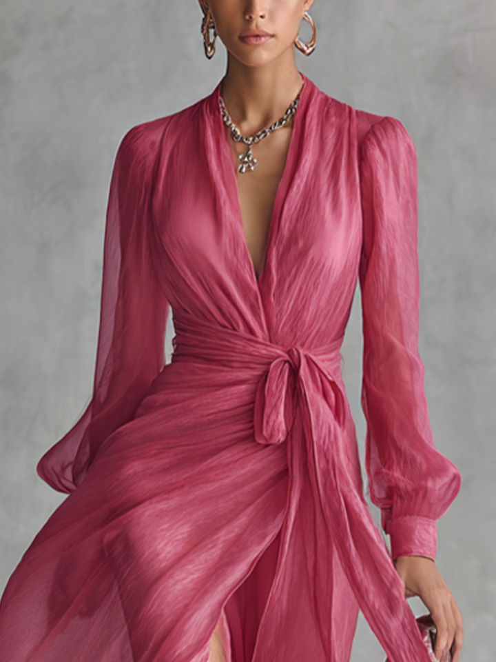 Pink chiffon dress V-neck