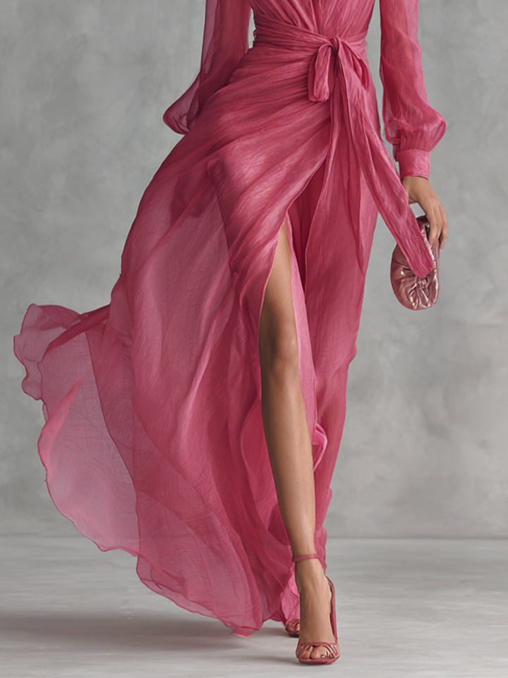 Pink chiffon dress V-neck