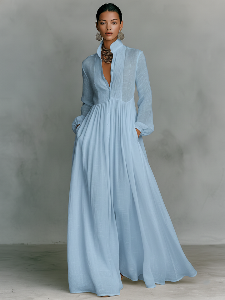 Patchwork Linen Maxi Dress with Stand Collar