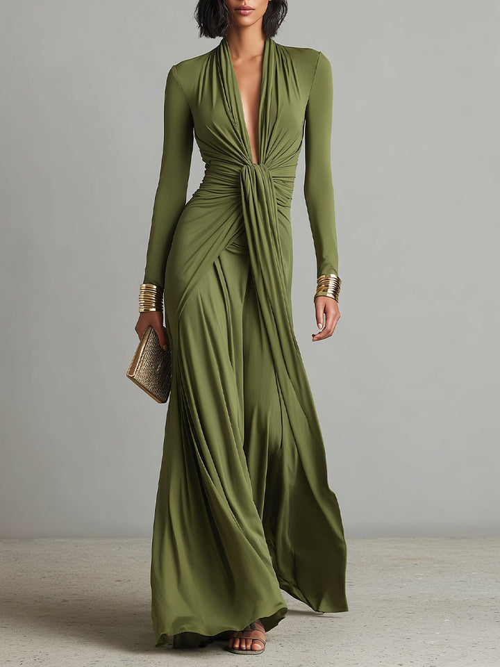 Oliv Silk Maxi Dress with V-Neck