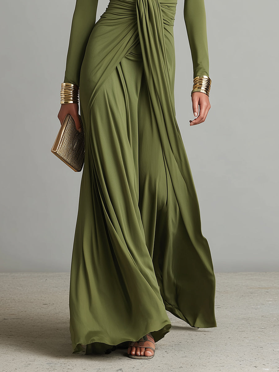 Oliv Silk Maxi Dress with V-Neck