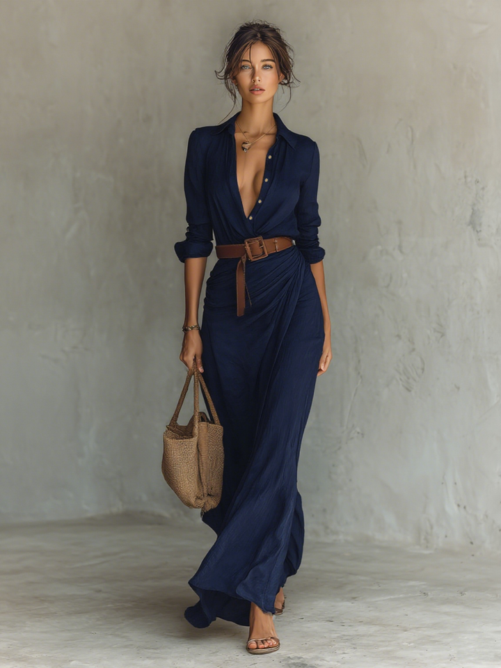 Maxi dress with a lapel collar and long sleeves