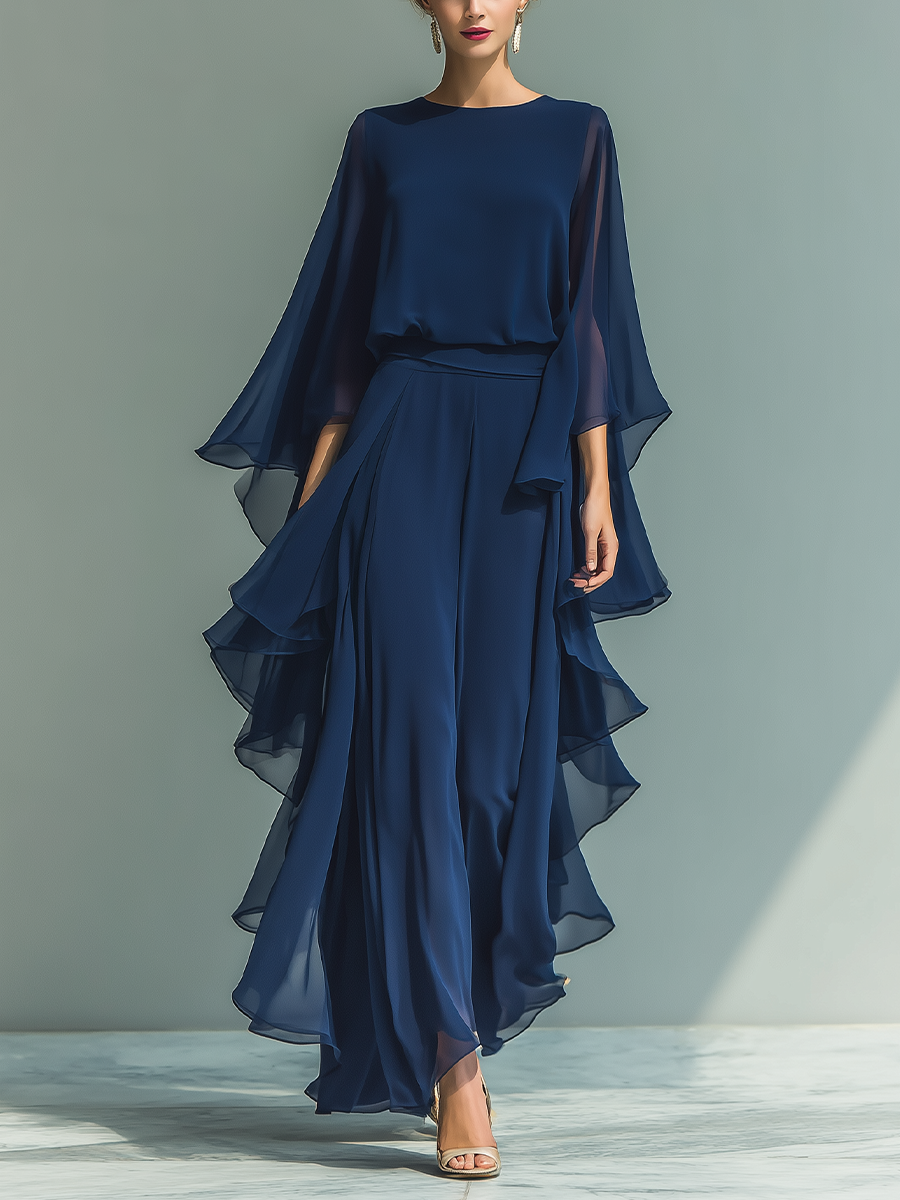 Navy blue chiffon set with ruffles