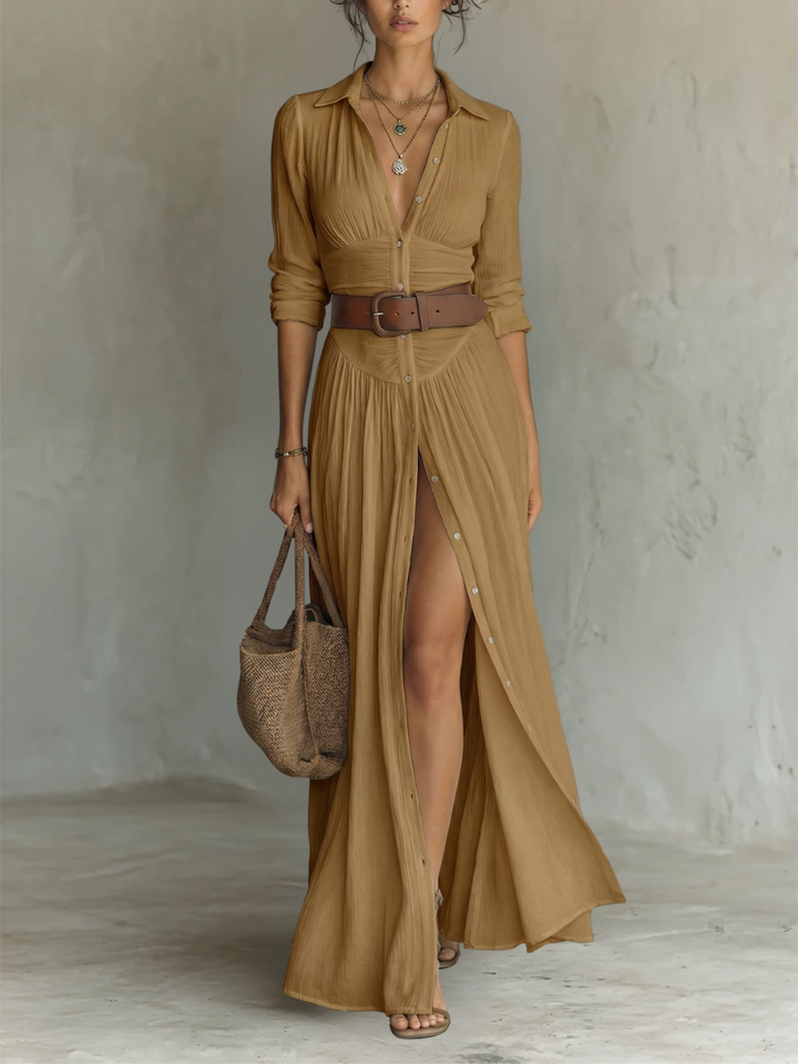 Linen Maxi Dress with Lapel Collar and Long Sleeves