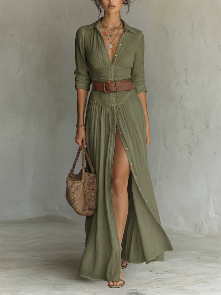 Linen Maxi Dress with Lapel Collar and Long Sleeves
