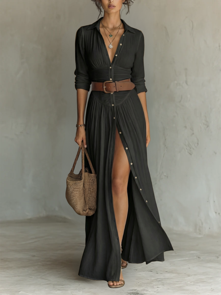 Linen Maxi Dress with Lapel Collar and Long Sleeves