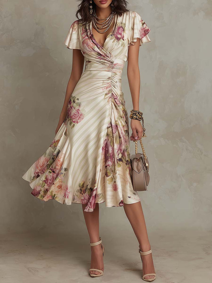 Daxirae - Elegant Draped Floral Midi Dress for Chic Outings