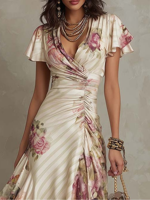 Daxirae - Elegant Draped Floral Midi Dress for Chic Outings