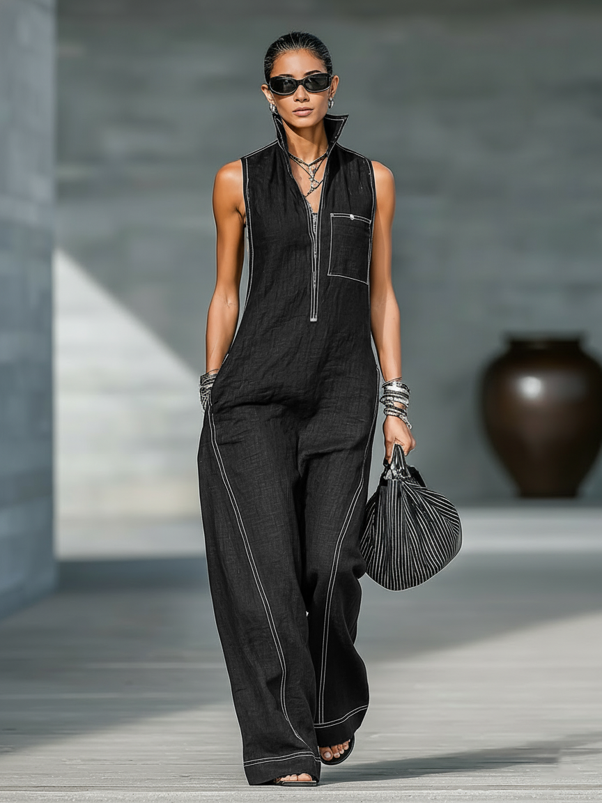 Sleeveless bib overalls with white trim