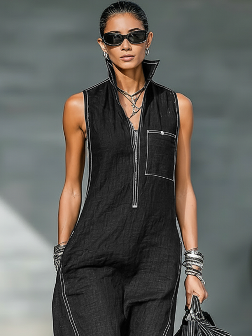 Sleeveless bib overalls with white trim