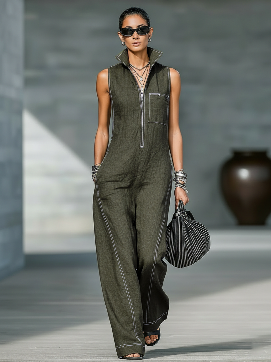 Sleeveless bib overalls with white trim