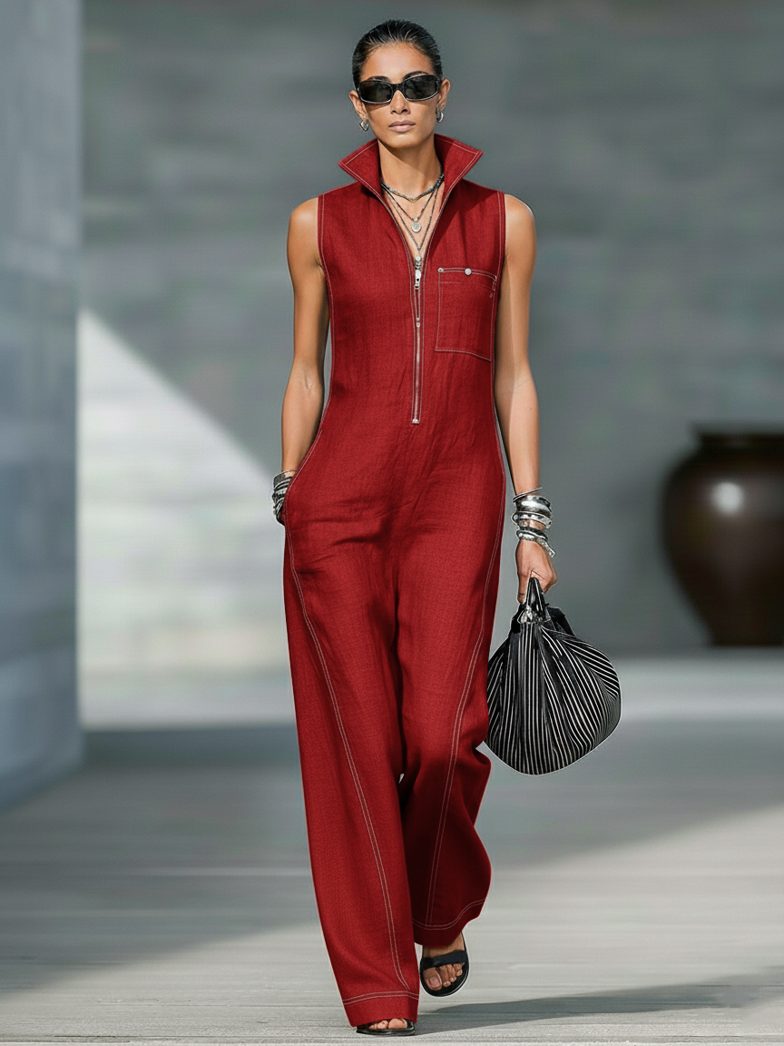 Sleeveless bib overalls with white trim