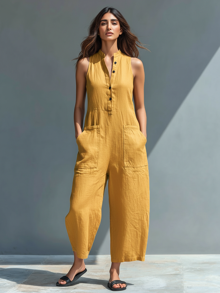 Sleeveless linen bib overalls