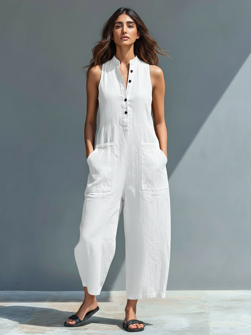 Sleeveless linen bib overalls