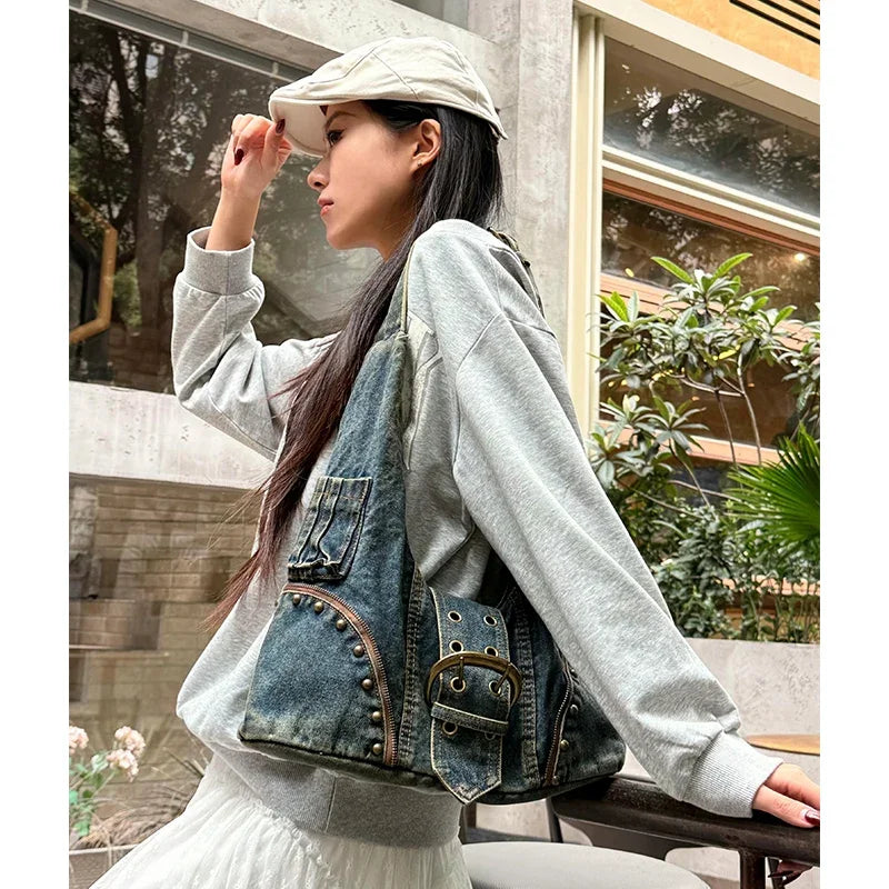Studded Denim Hobo Bag | Michael & Laura Toronto