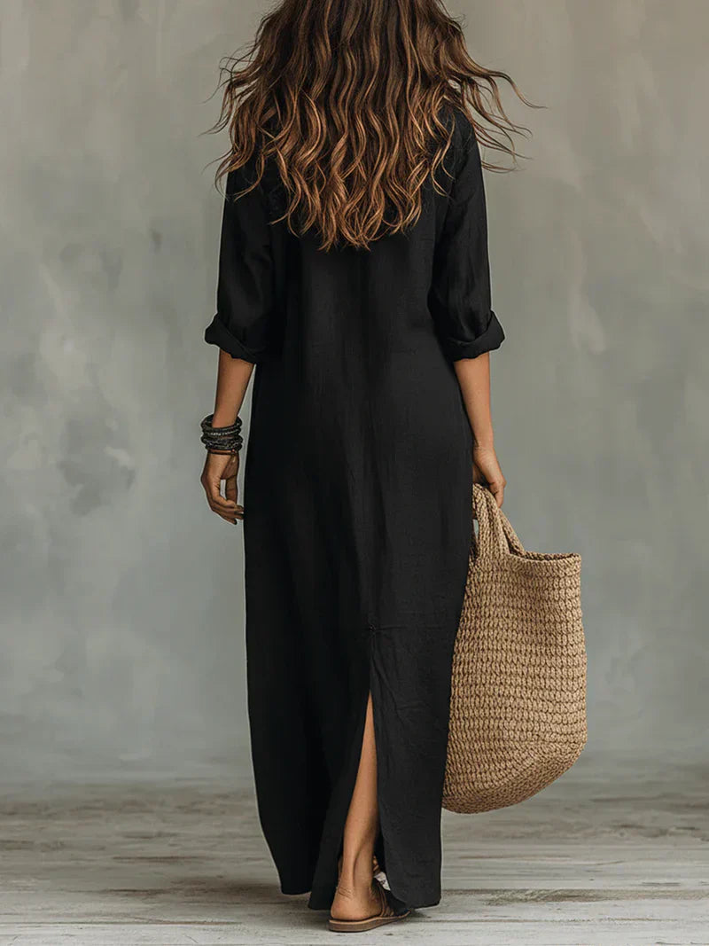 Selena™ | Black Maxi Dress with Buttons