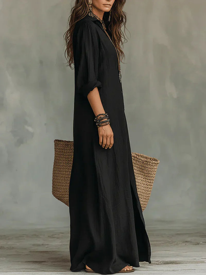 Selena™ | Black Maxi Dress with Buttons