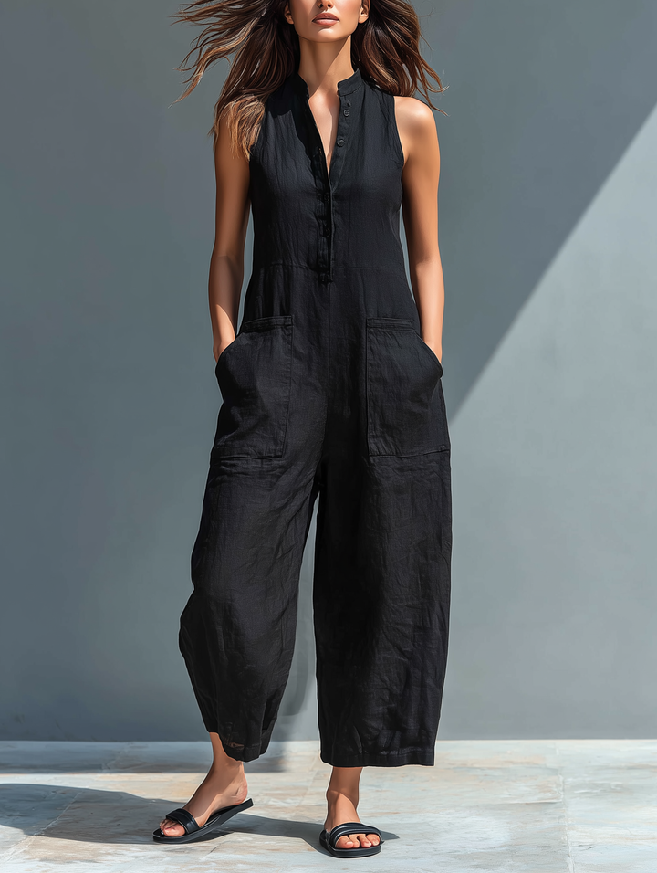 Sleeveless linen bib overalls