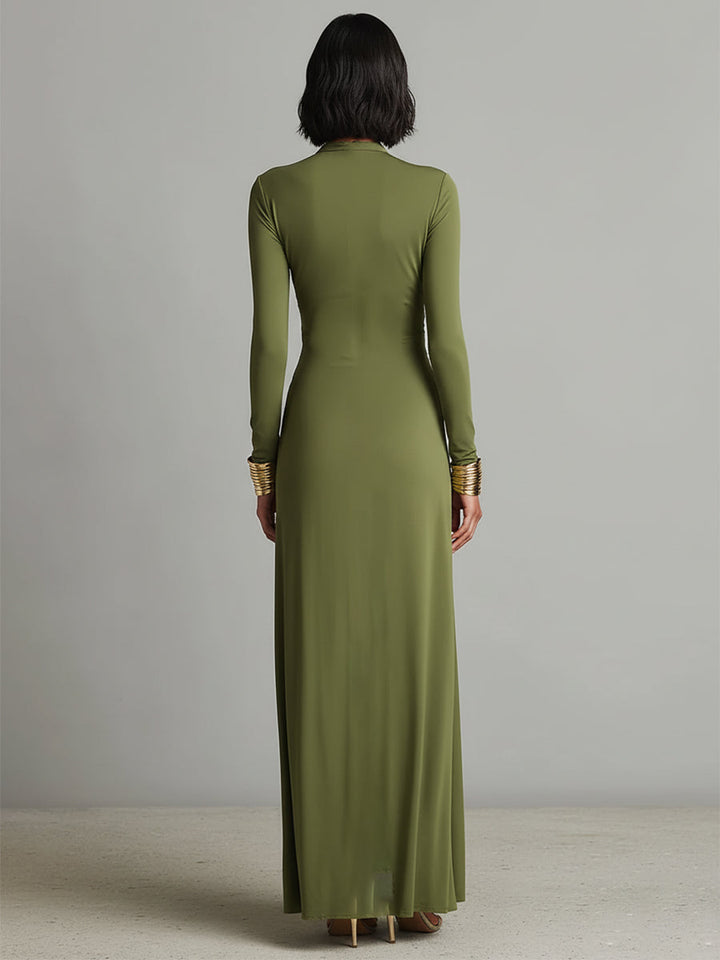 Oliv Silk Maxi Dress with V-Neck