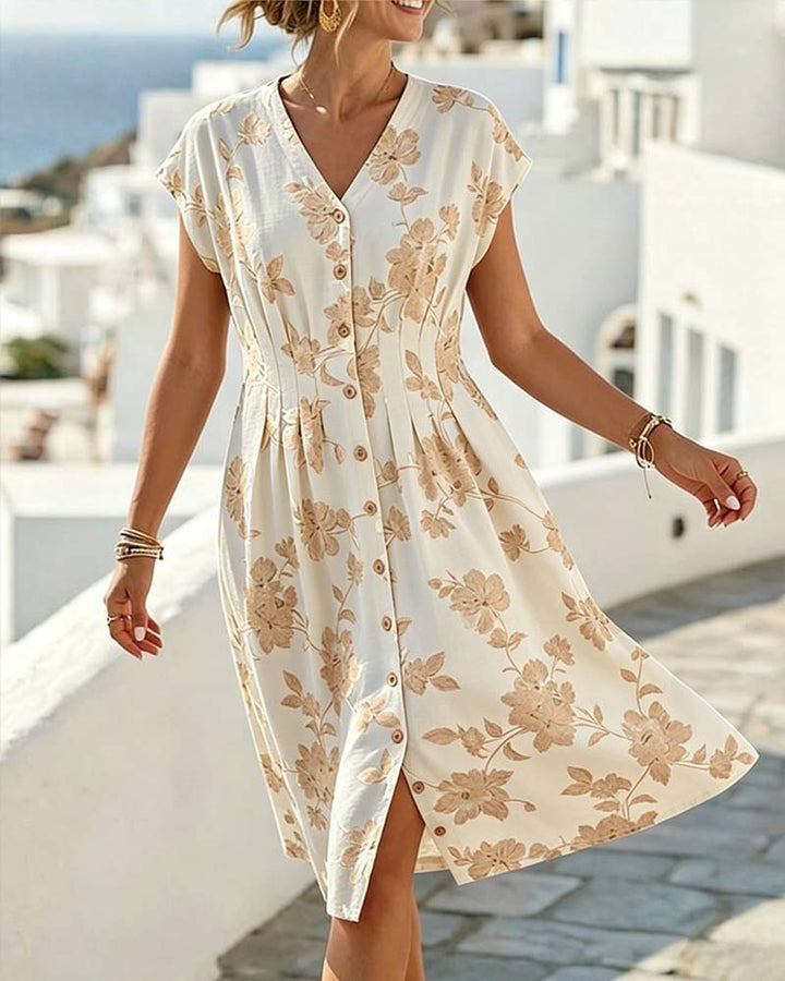 V-Neck Print Cinched Waist Button-Front Dress