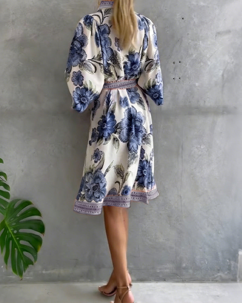 Lantern Sleeve Notched Collar Printed Dress