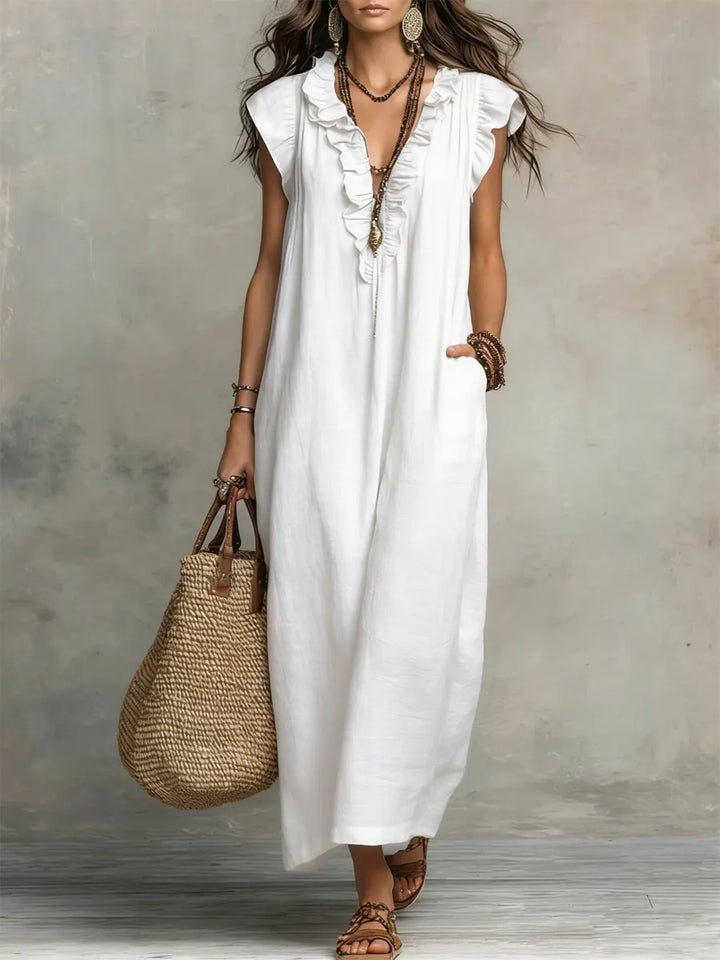 Izzellea - Women's Long Bohemian Linen Cotton Dress Loose Fit Elegant Ruffles
