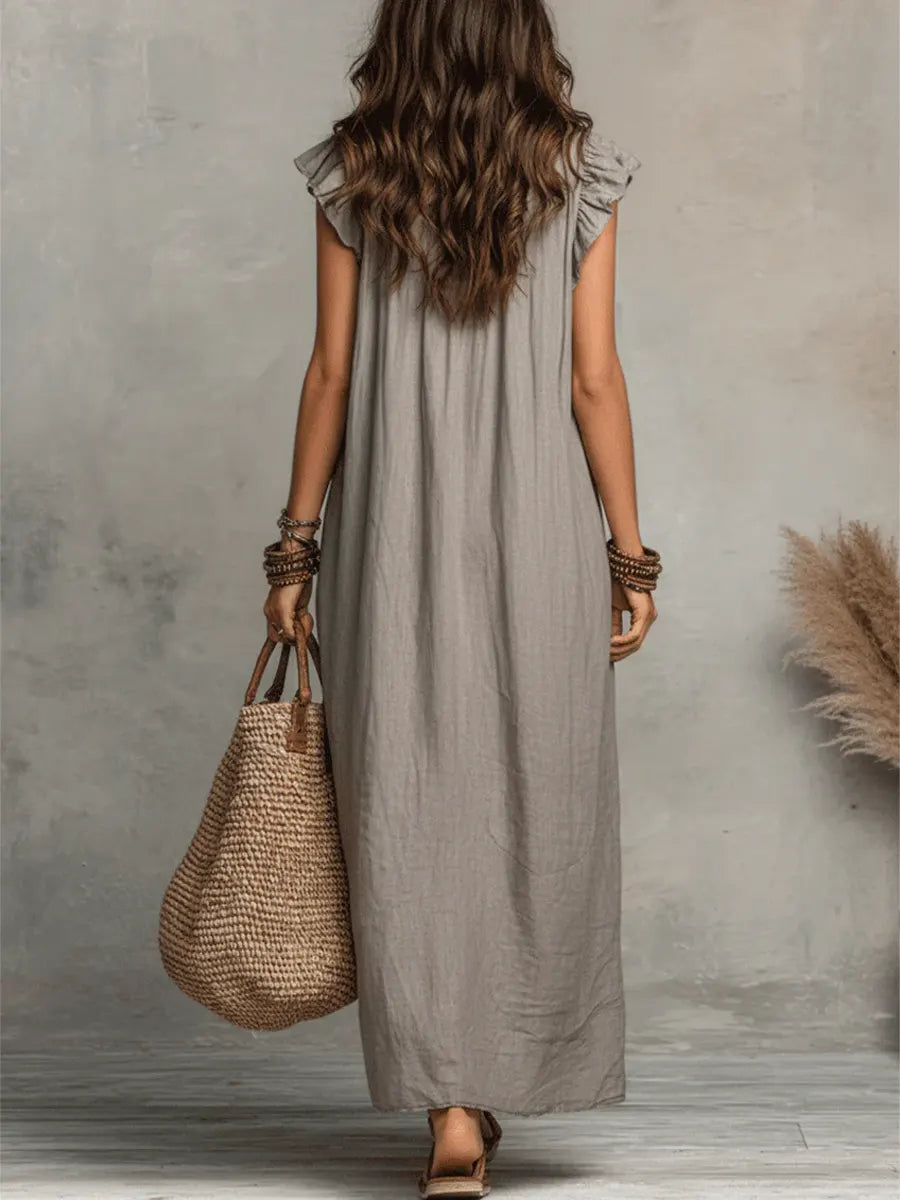 Izzellea - Women's Long Bohemian Linen Cotton Dress Loose Fit Elegant Ruffles
