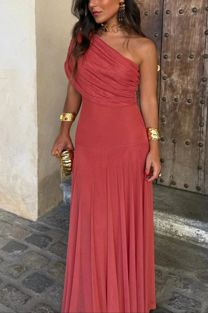 Pleated One-Shoulder Summer Maxi Dress