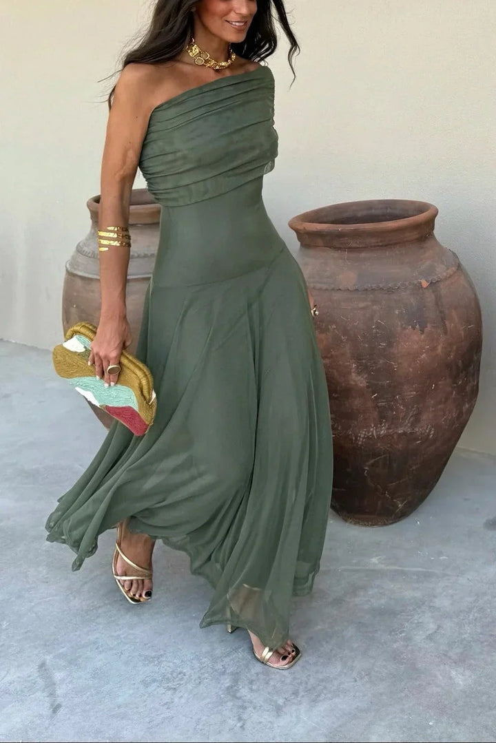 Pleated One-Shoulder Summer Maxi Dress