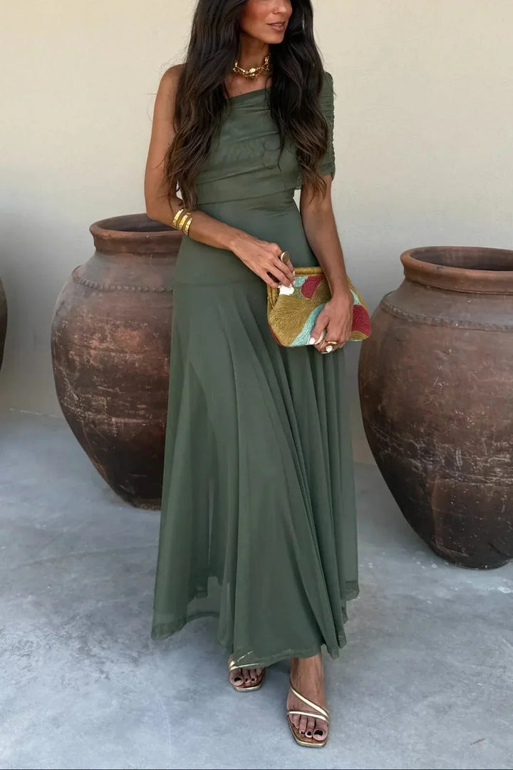 Pleated One-Shoulder Summer Maxi Dress