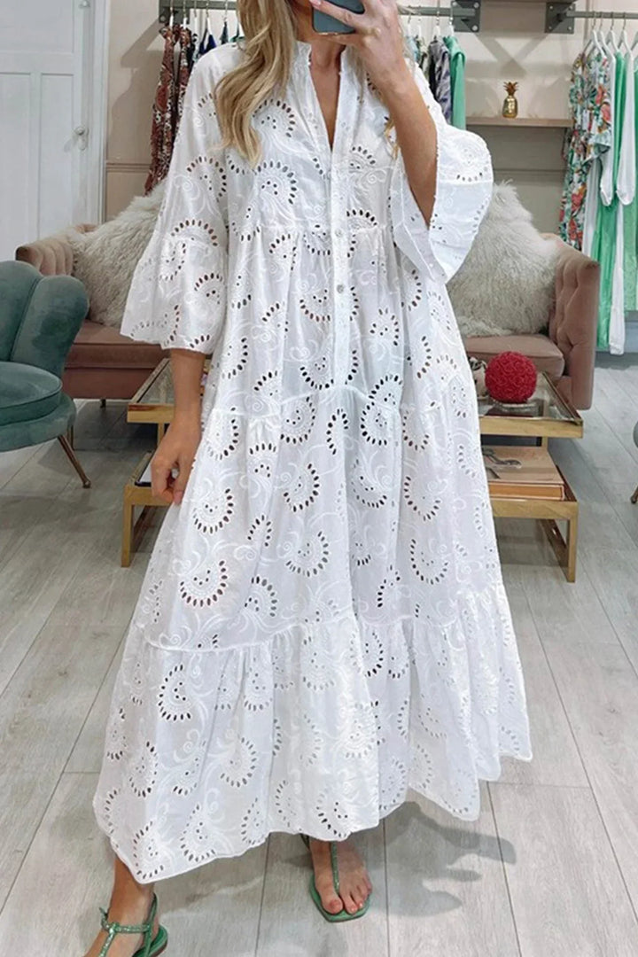 Long Hollow-Out Maxi Dress with 3/4 Sleeves and V-Neck for Summer