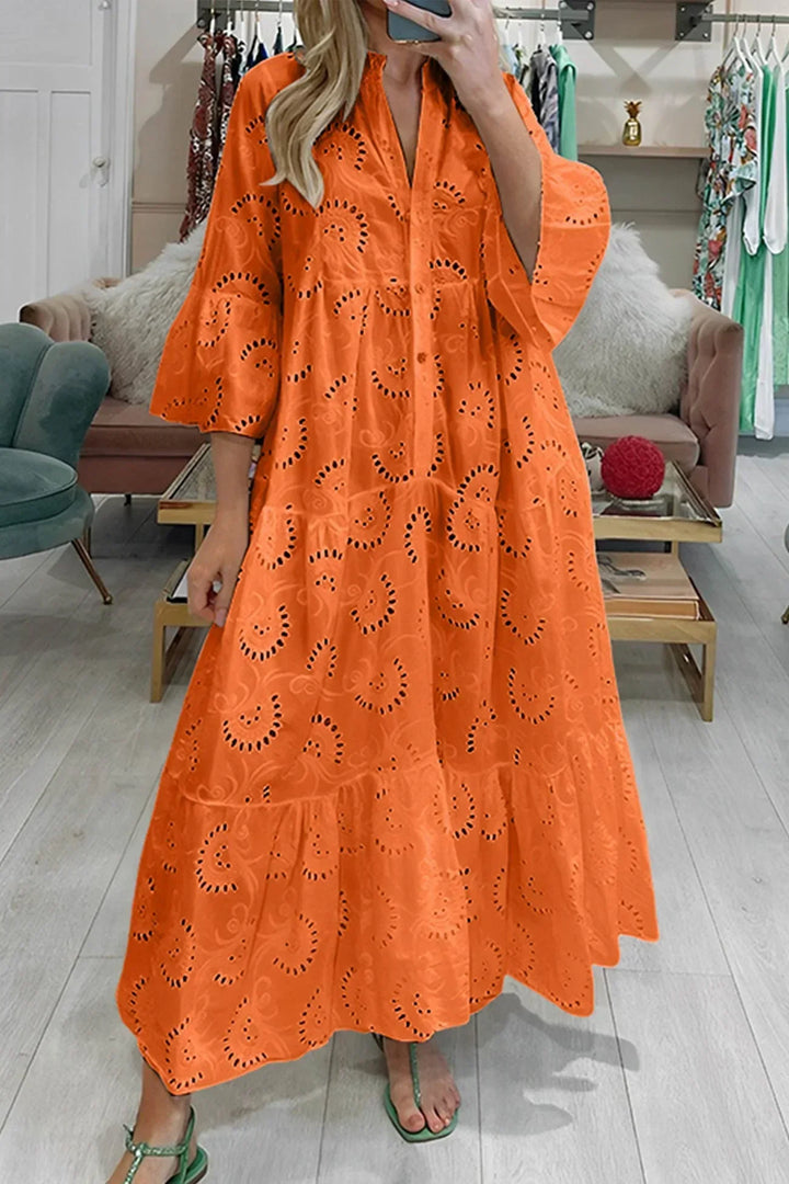 Long Hollow-Out Maxi Dress with 3/4 Sleeves and V-Neck for Summer