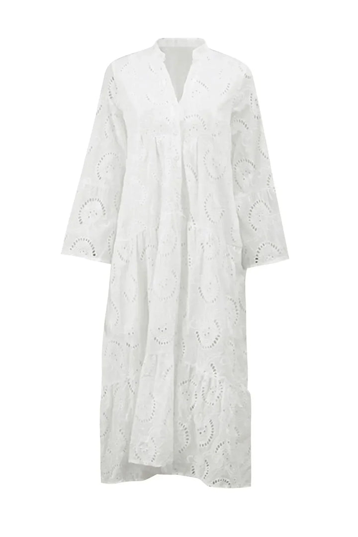 Long Hollow-Out Maxi Dress with 3/4 Sleeves and V-Neck for Summer