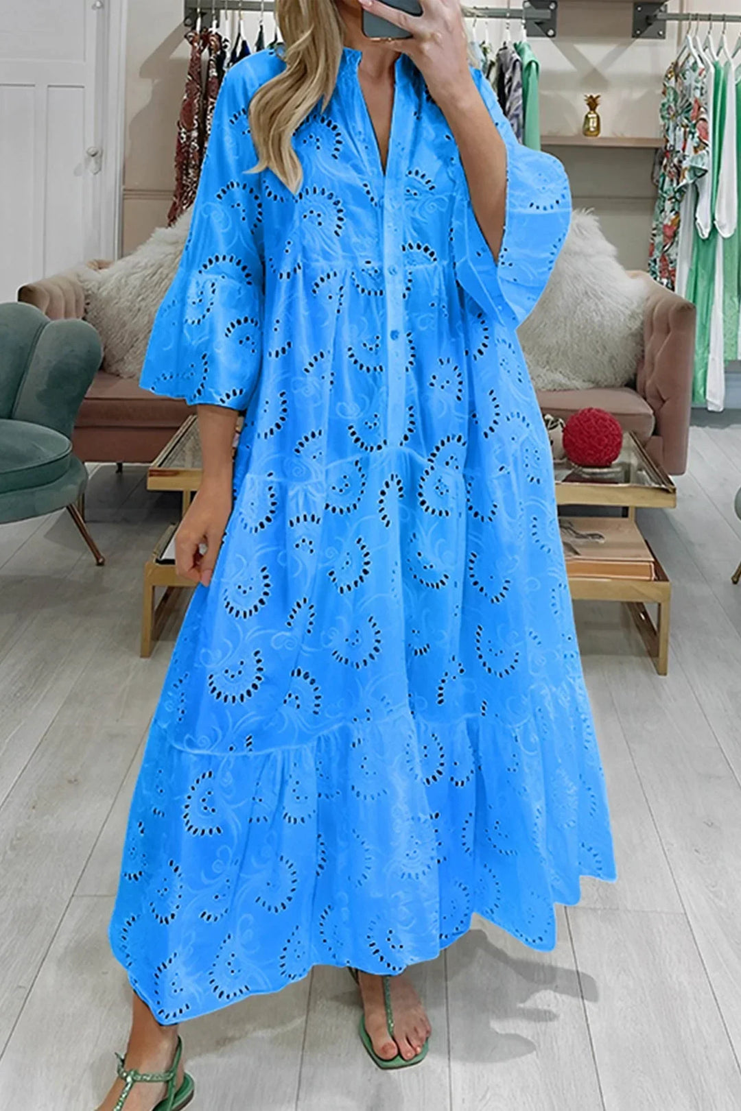 Long Hollow-Out Maxi Dress with 3/4 Sleeves and V-Neck for Summer