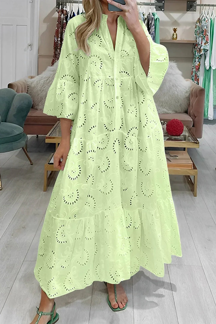 Long Hollow-Out Maxi Dress with 3/4 Sleeves and V-Neck for Summer