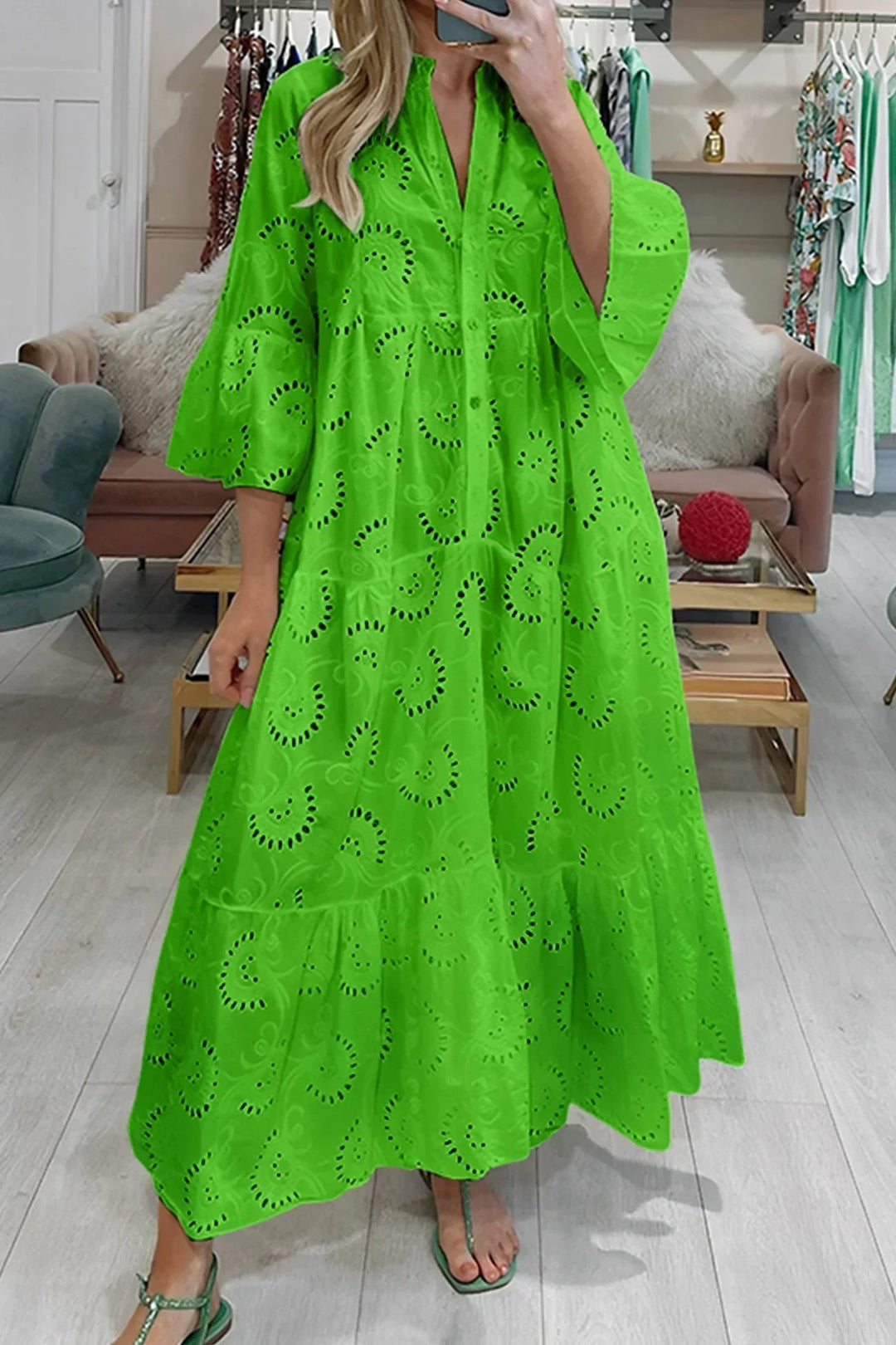 Long Hollow-Out Maxi Dress with 3/4 Sleeves and V-Neck for Summer