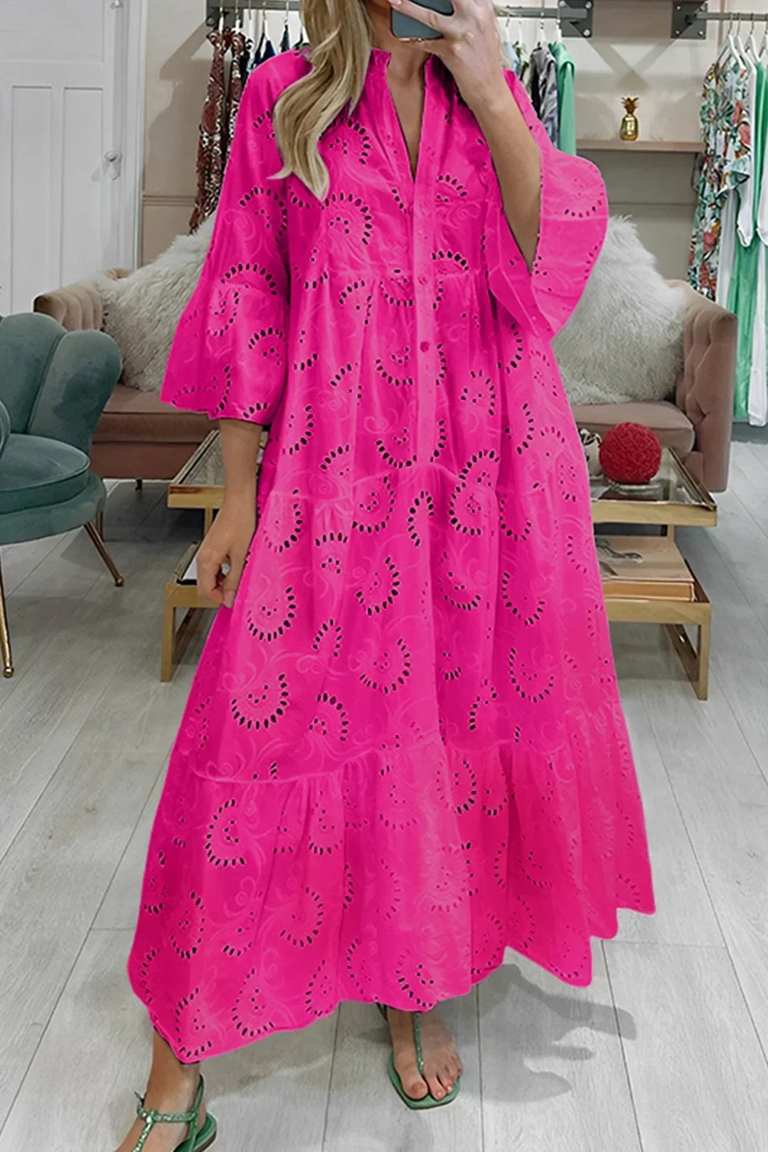 Long Hollow-Out Maxi Dress with 3/4 Sleeves and V-Neck for Summer